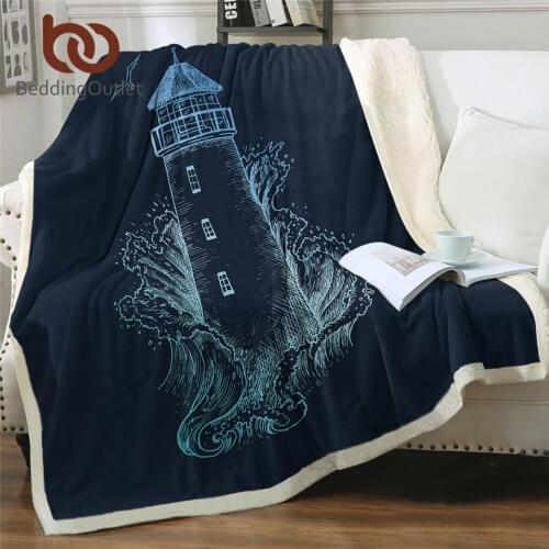 BeddingOutlet Lighthouse Blankets For Bed Nautical Theme Sherpa Blanket Storm Fluffy Blanket Dark Blue Ocean Sea Linen Blanket