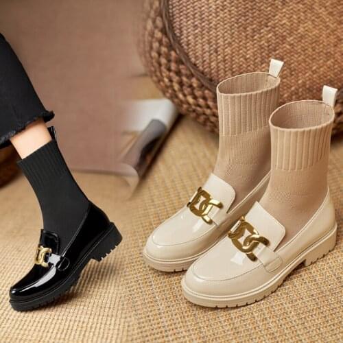2021 New Sock Boots Women Fashion Knitting Autumn Ankle Boots Comfy Thick heel College Style Winter Warm Plus Size Booties 30-44