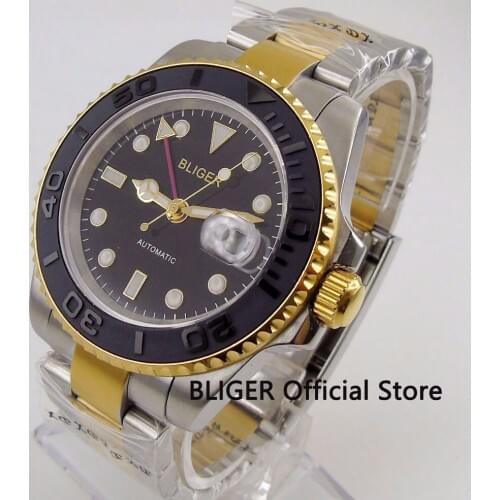 Sapphire Crystal BLIGER 40MM Black Dial Watch Ceramic Bezel GMT Function Golden Plated Wacase Automatic Movement Mens Watch