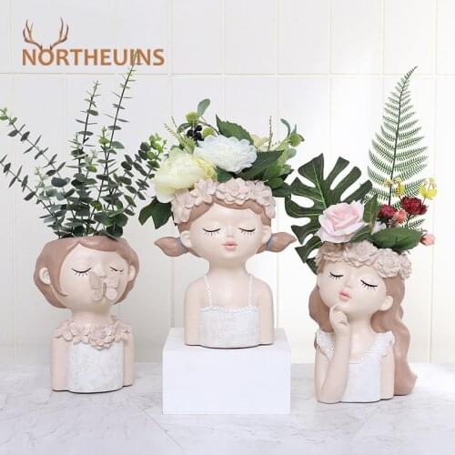 NORTHEUINS Fairy Girl Flower Pot Figurines Nordic Creative Vase For Interior Support Planter For Flowers Resin Desk Accessories