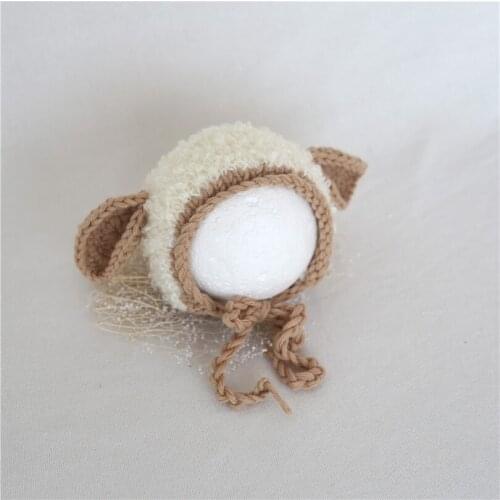 Cotton knitted baby bonnet Newborn photography props Hand Crochet Animal bonnet baby Sleep soft hat prop