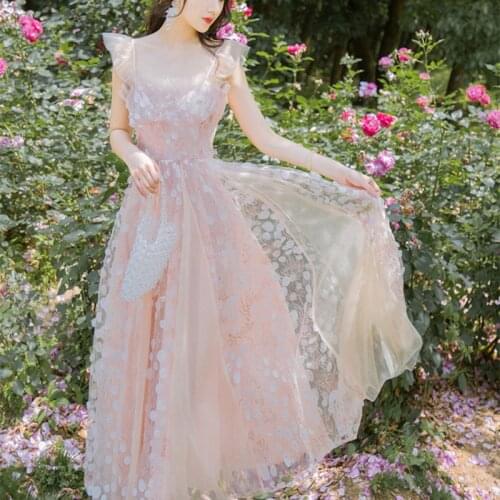 Lace Mesh Square Neck Sequins Pink Sweet Fairy Dress Elegant Mesh Maxi Dress Fashion Elegant Party Robe Femme