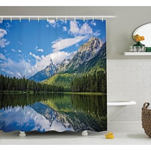 Landscape Shower Curtain Pure Mountain Lake Scenery with Trees and Cloudy Sky Nature Inspired Print Blue White Green