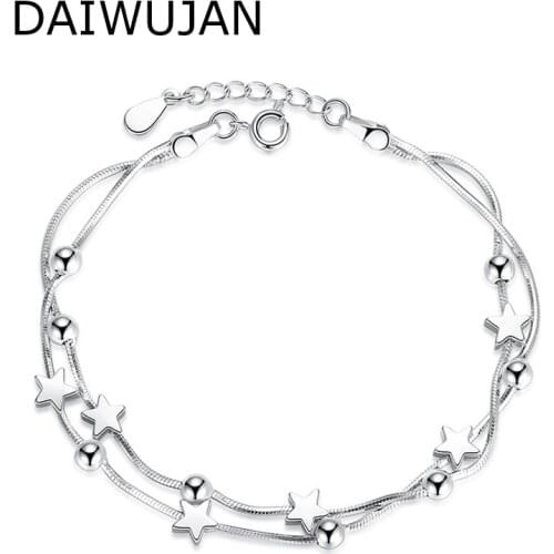 DAIWUJAN Multi-layer 925 Sterling Silver Charm Bracelets Women Girls Star Square Beads Snake Chain Wedding Engagement Jewelry