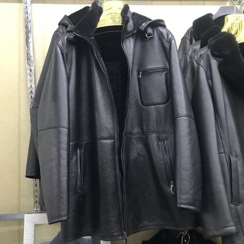 Mens Real Sheepskin Jacket Leather Coat 2020 Autumn Winter Fashion Hooded Warm Outwear New Arrival