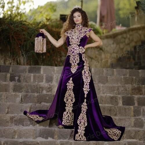 Luxury Purple MermaidEvening Dresses 2021 Dubai Velvet Outfit Gold Applique Lace Chalka Prom Dress Formal Party Gowns Algerian