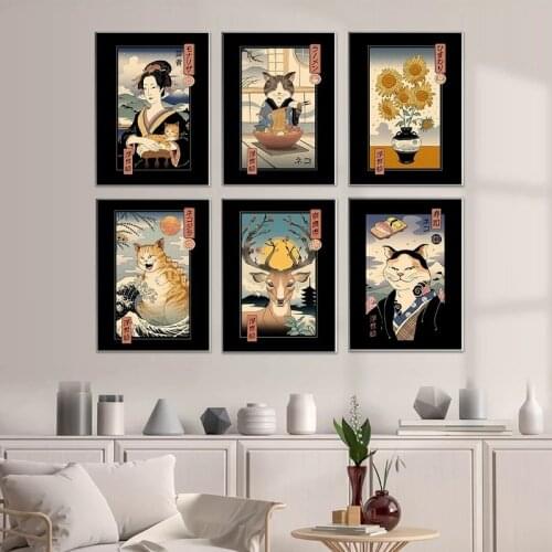 Japanese Neko Ramen Ukiyoe Woman Cat Home Decor Art Decor HD Quality Cartoon Painting Canvas Painting Animal Posters Kitchen