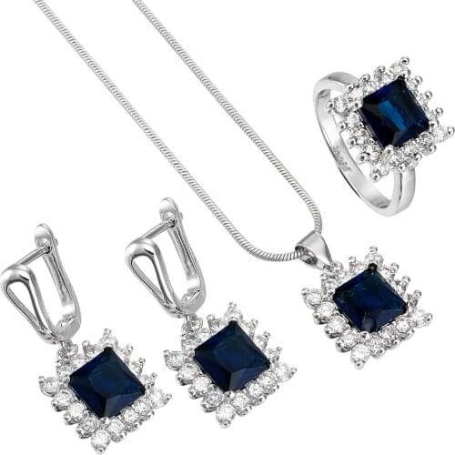 UFOORO hot sale jewelry sets blue square CZ Crystal silver color engagement jewelry for women gift