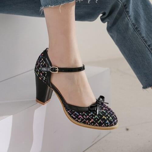 YMECHIC 2020 Summer Fashion Cute Ladies Princess Lolita Shoes Plaid Pink Black White Two-Piece Block High Heel Pumps Party Shoes