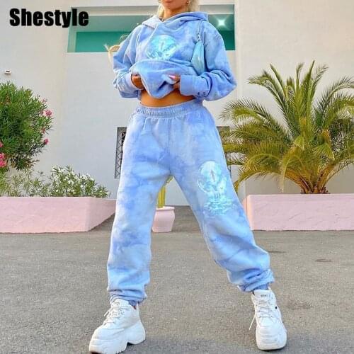 Shestyle Blue Hoodies Tracksuits Women Tie Dye Pockets Loose Casual Autumn Hat Winter 2 Two Pieces Set Sporting Outwear 2020