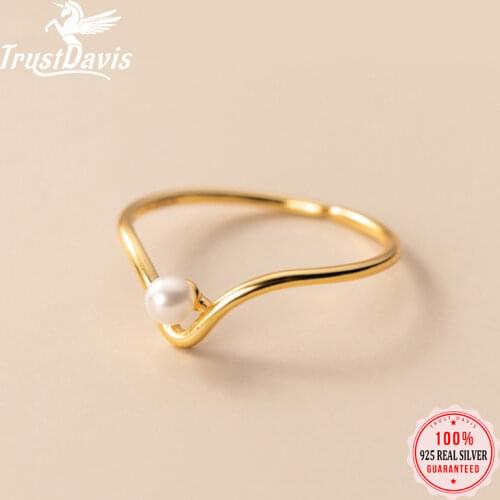Trustdavis Real 925 Sterling Silver Fashion Sweet Synthesis Pearl V Shape Opening Ring For Women Wedding Fine Jewelry DA2300
