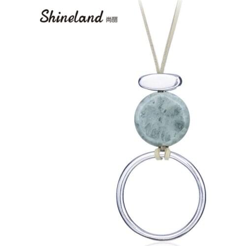 Shineland Fashion Jewelry Women Statement Necklace Alloy Round Resin Stone Rope Chain Pendants Long Ethnic Collares Accessories