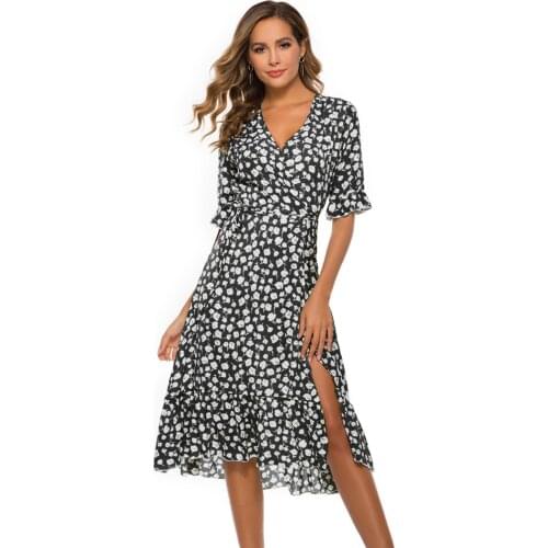 Floral Print Casual Bohemian Dress Women V Neck Loose Short Sleeve Sexy & Club Beach Natural Draped Summer Dresses Платье 4