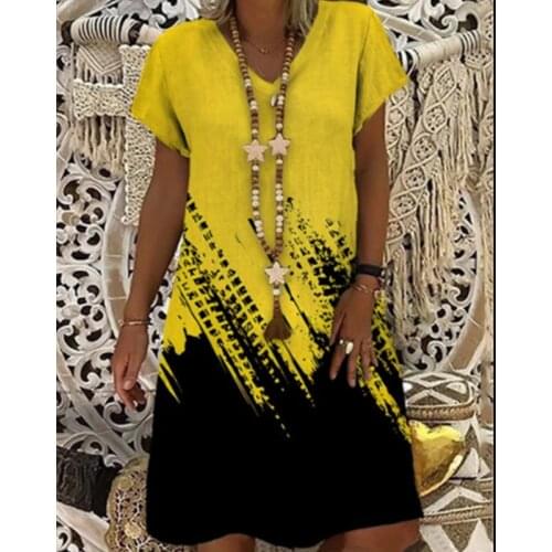 Fashionable Retro Comfortable Casual Loose Dress Women Print V-Neck Short Sleeve Dresses Basic Female Vestidos Street Wear