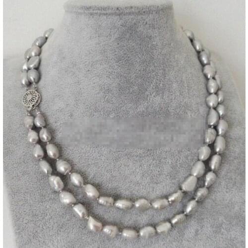 2Rows Genuine 8-9MM Natural Gray Baroque Freshwater Rice Pearl Necklace 17-18"