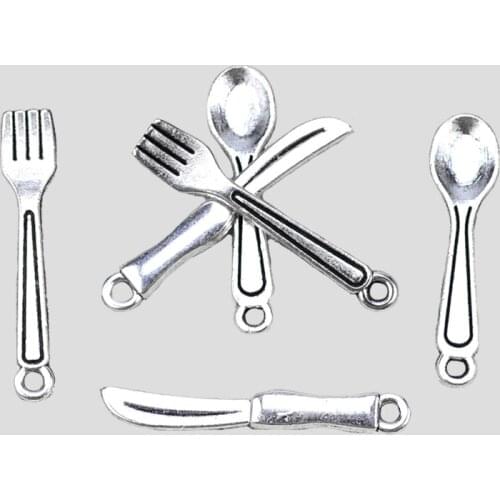 30pcs Tableware Knife Fork Spoon Charms For Earring Bracelet Necklace Making Jewelry DIY Handmade Craft , With Free O-ring