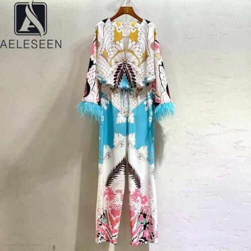 AELESEEN Runway Fashion 2 Pieces Sets Womens Long Sleeve Feather V-Neck Blouse+Waist Elastic Pants Flower Print Elegant Suits