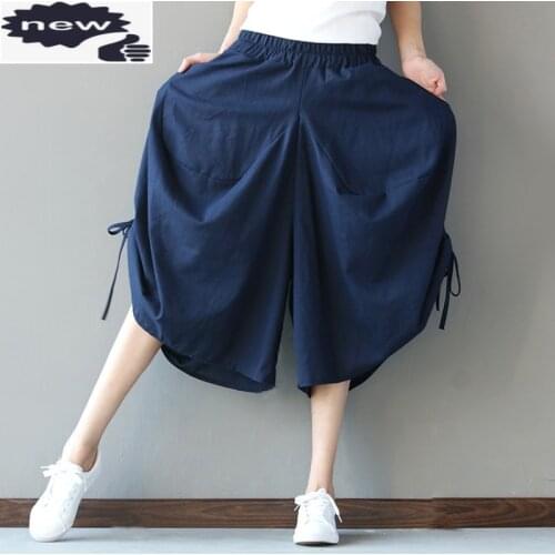 Summer Fashion Ethnic Solid Color Baggy Cotton Linen Trousers For Women Capris Loose Large Size Casual Lace Up Wide Leg Pants