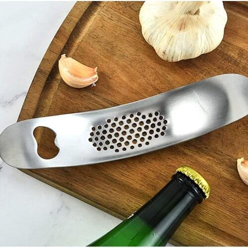 Garlic Press Rocker Stainless Steel Garlic Squeezer Roller Silicone Peeler with Beer Opener Cleaning Brush Kitchen Accessory
