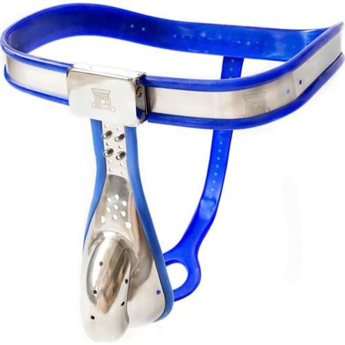 Arc Waist Blue Silicone Stainless Steel Male Chastity Lock Pants Cbt BDSM Penis Cage Sex Toys For Men Chastity Belt Bondage