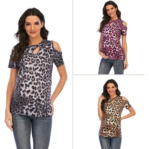 Leopard Print T-shirt Pregnancy Clothes Maternity Pregnant Women Printed Wear Round Collars Short Sleeves Casual Top Blouse Tees