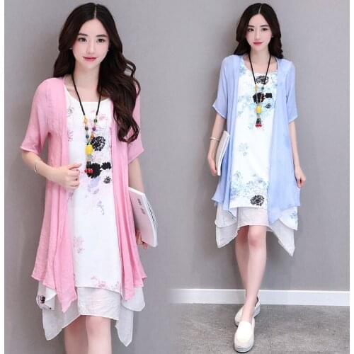 Cotton and Linen Dress Women Summer Flower Printed Loose Casual Irregular Dress Ladies Fashion Plus Size Midi Dress 2 Pieces