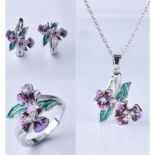 KOFSAC New Trendy 925 Silver Necklaces For Women Exquisite Enamel Violet Flower Earring Ring Jewelry Sets Lady Anniversary Gifts