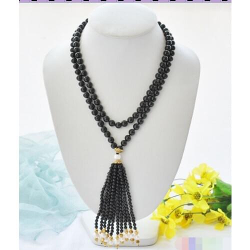 CBN62 Beautiful 40" 10mm black bead white round pearl necklace