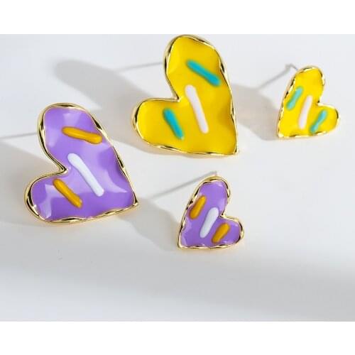 Lifefontier Korean Enamel Heart Stud Earrings for Women Girls Cute Yellow Purple Asymmetric Metal Earrings Fashion Jewelry 2021