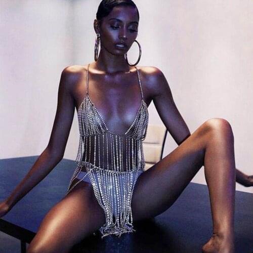 Fashion sexy women Rhinestone tassel bra and thong chain shiny crystal underwear jewelry bikini chest waist chain gift