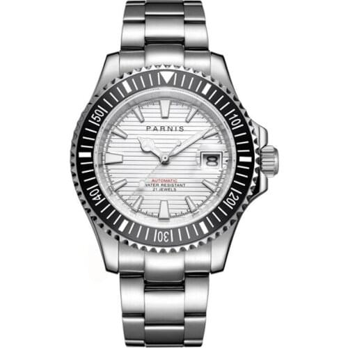 Parnis 40mm mens diver Automatic Mechanical Watch white dial Miyota 8215 Movement 5bar waterproof Sapphire glass Mens Watches