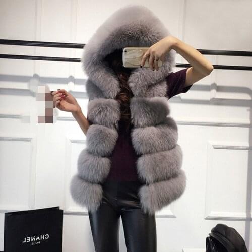 2018 New fur vest imitation silver fox fur coat hooded vest vertical stripe medium-long vest large size women faux fur vest coat