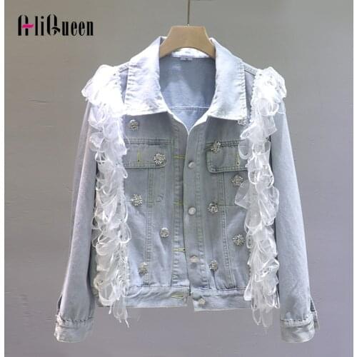 Autumn Spring Women Vintage Ribbons Ruffles Patchwork Diamonds Short Denim Coat Female Blue Jean Jacket Streetwear Outwear