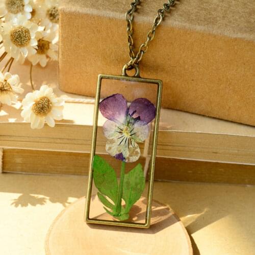 LUBOV Handmade Dried Flower Necklace Dried Pansy in Resin Stone Rectangle Bronze Frame Pendant Statement Necklace Women Jewelry