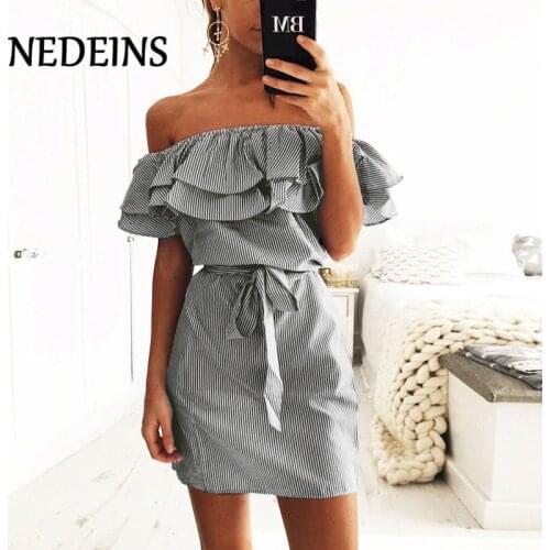 NEDEINS Sexy Mini Dresses Women Bodycon Dress Sleeveless Slim Elastic Waist Bow Dresses Stripe A-line Breathable Party Dress
