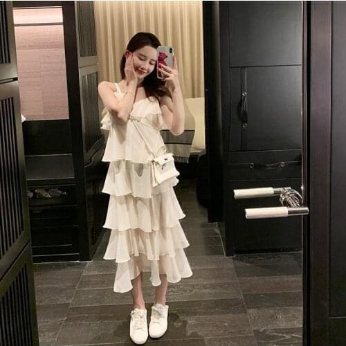 XIAO YAMNG spring summer new women fashion Sweet and sexy suspender Chiffon v-neck cake dress cheap wholesale G1554