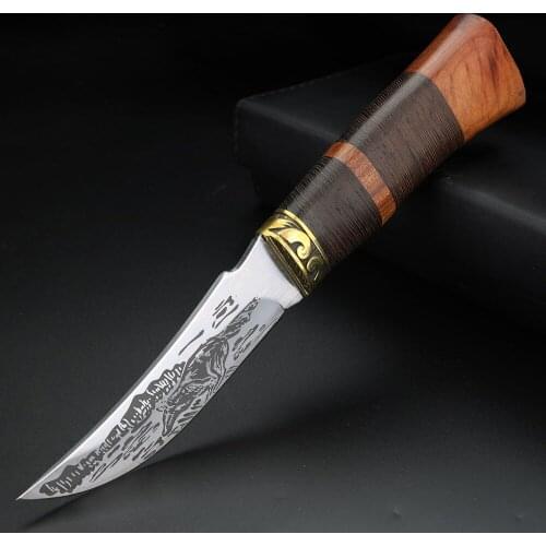 Camping Hunting Knife with Wooden Handle Wolf Pattern Fixed Blade Short Knife Outdoor Survival Portable Knife EDC Tool