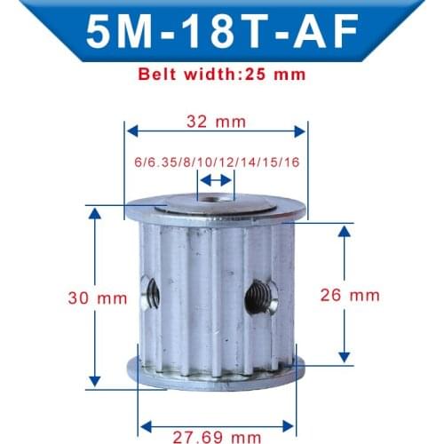 Belt Pulley 5M-18T Bore Size 6/6.35/8/10/12/14/15/16 mm Aluminum pulley Slot Width 26 mm For Width 25 mm 5M-synchronous belt