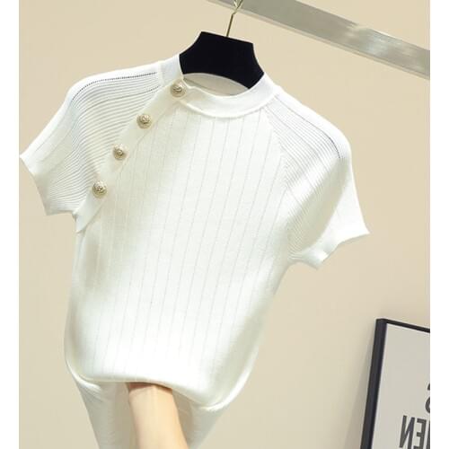 Summer Short Sleeve Thin Knitted Pullover Button Tops Women 2019 Summer Solid Casual Korean Pull Femme Jumper Female Tee Shirt