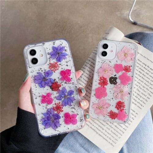 Qianliyao Silver Foil Purple Dried Flower Phone Cases For iPhone 12 11 Pro Max XS Max XR X 7 8 Plus SE 2020 Soft Silicone Cover