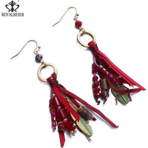 RoyalBeier Bohemian Tassel Drop Earrings Acrylic Beads Metals Feathers Dangle Earrings Charm Jewelry For Women Wedding Gift