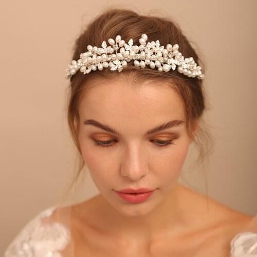 Silver Bridal Crown Pearl Leaf Headband Elegant Women Hairband Tiara Wedding Hair accessory Bride Headdress Hair Jewelry
