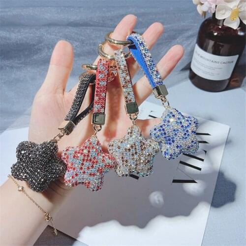 Cute Bling Crystal Star Keychain Holder Leather Lanyard Rhinstone Car Key Ring Korean Fashion Bag Charms Pendant Jewelry Gift