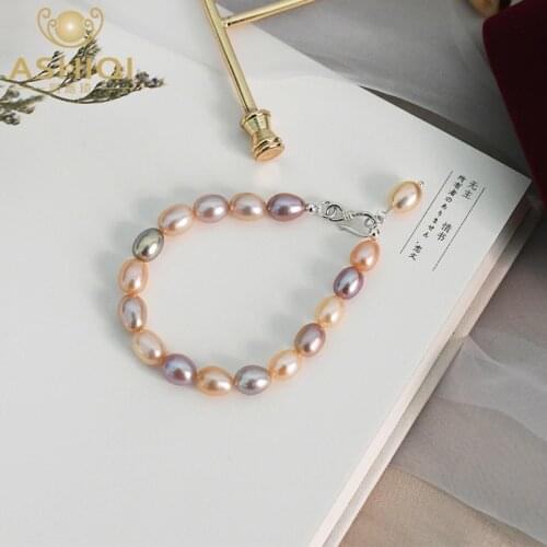 ASHIQI Natural Freshwater Pearl Bracelet 925 Sterling Silver Mixed Color Bracelet Fashion Jewelry Women