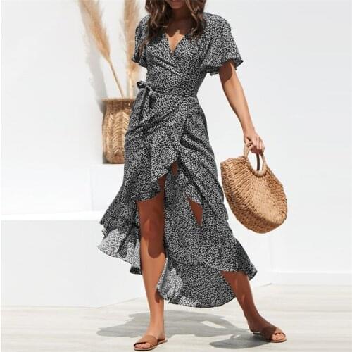 Boho Beach Summer Women V Neck Flower Sundress Short Sleeve Polka Dot Ladies Holiday Ruffles Dress Elegant Plus Size