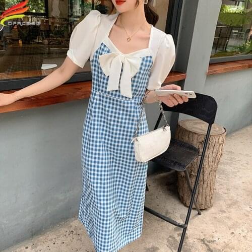 Women Long Dresses Summer 2021 Short Sleeve V Neck Blue Or Black Plaid Dress Zipper Up Back Slit Elegant Dress With Bow