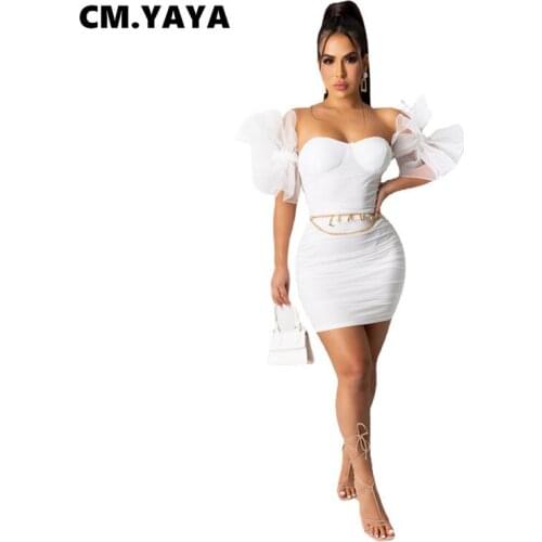 CM.YAYA Women Mini Dress Solid Mesh Short Sleeve Strapless Sheath Elastic Above Knee Length Dresses Sexy Night Cute Vestidos