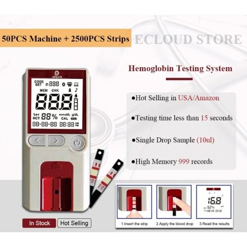 50PCS POCT Hemoglobin Test Meter/Blood hemoglobin meter with 2500PCS hemoglobin test strips (Strips EXPIRY DATE 2022-07)