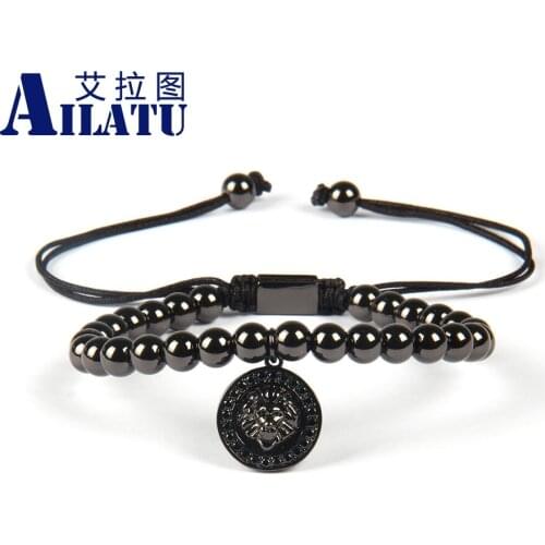 Ailatu Tide Male Personality Jewelry 6mm Brass Beads Micro Inlay Black Cz Lion Head Charm Pendant Animal Shape Macrame Bracelet