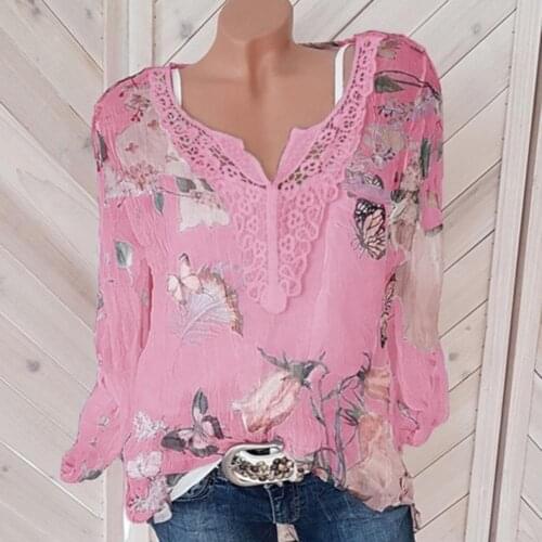 Summer Autumn Womens Blouses Lace Splicing Loose Women Tops Butterfly Flower Printed Long Sleeve Shirts Casual Female Blouses